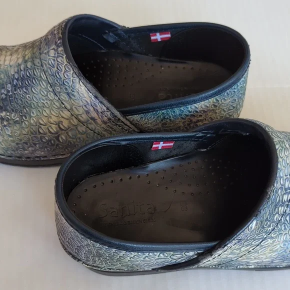 Sanita Reptile Embossed Leather Slip On Clogs EU 39 Blue Green - Picture 7 of 16